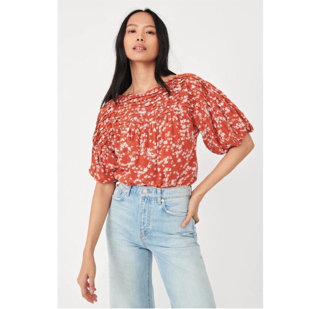 Free People Red Floral Bodysuit with Puff Sleeves
